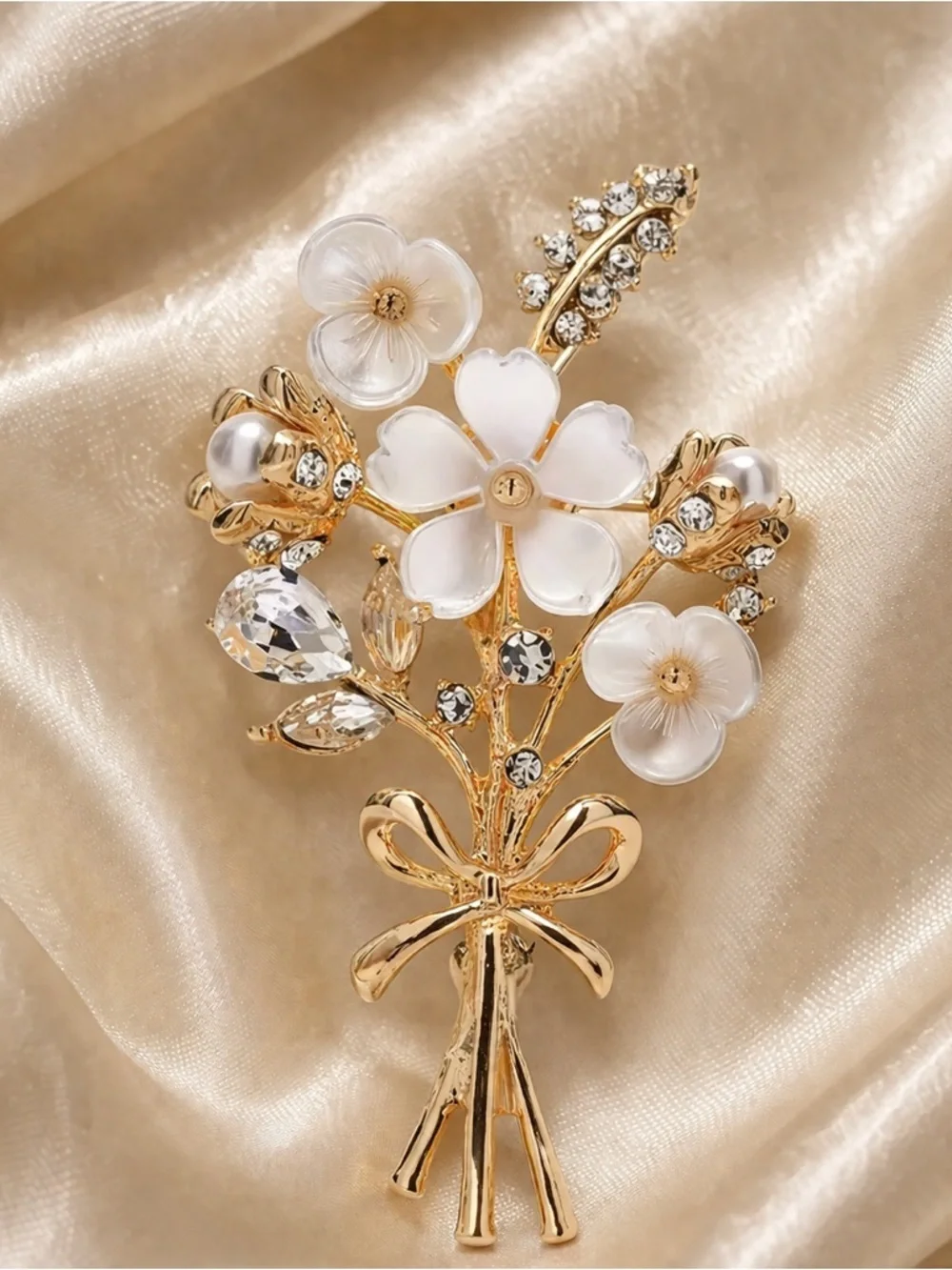 Gold Bouquet White Flower Crystal Brooch